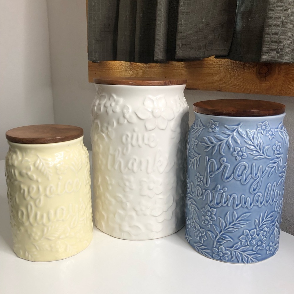 Mary & Martha 3 pc. Canister Set, White, Blue, Yellow.
